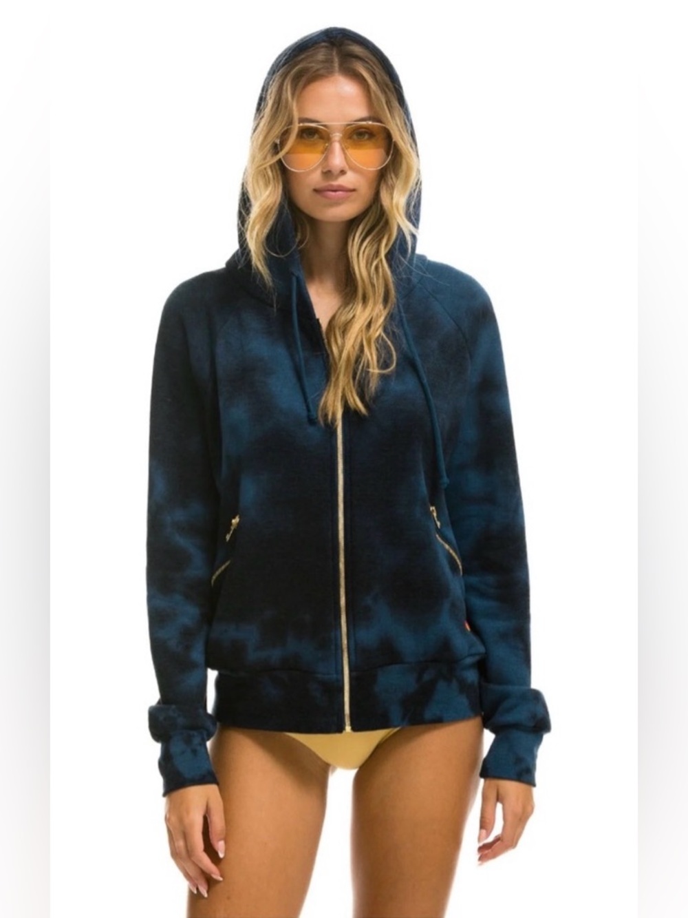 Aviator Nation Relaxed Full Zip Hoodie Tie-Dyed Dark Blue and Black Unisex Small
